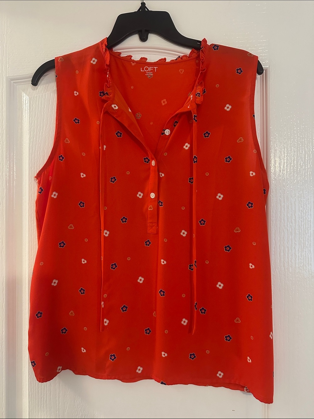 LOFT Reddish Orange Sleeveless Tie-Neck Floral Print Top